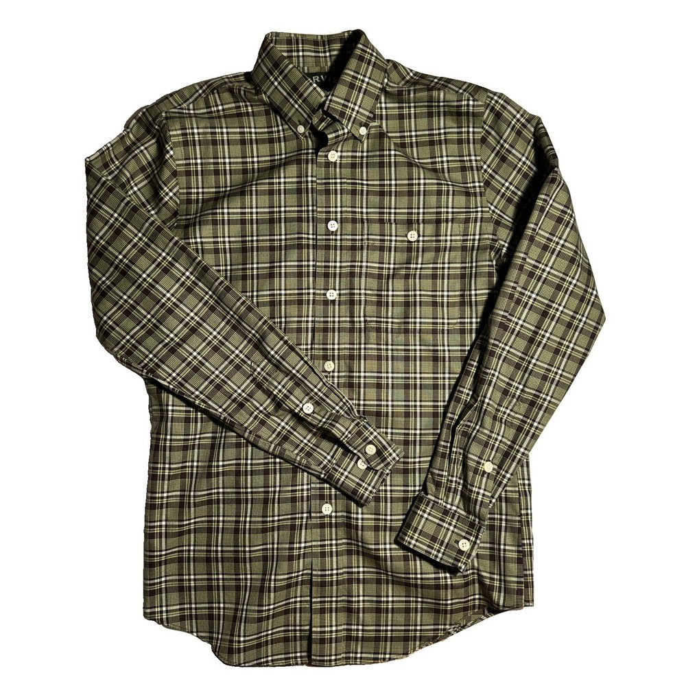 Orvis Non Iron Casual Shirt Green Navy Blue Long Sleeve Men's Small Trim Fit
